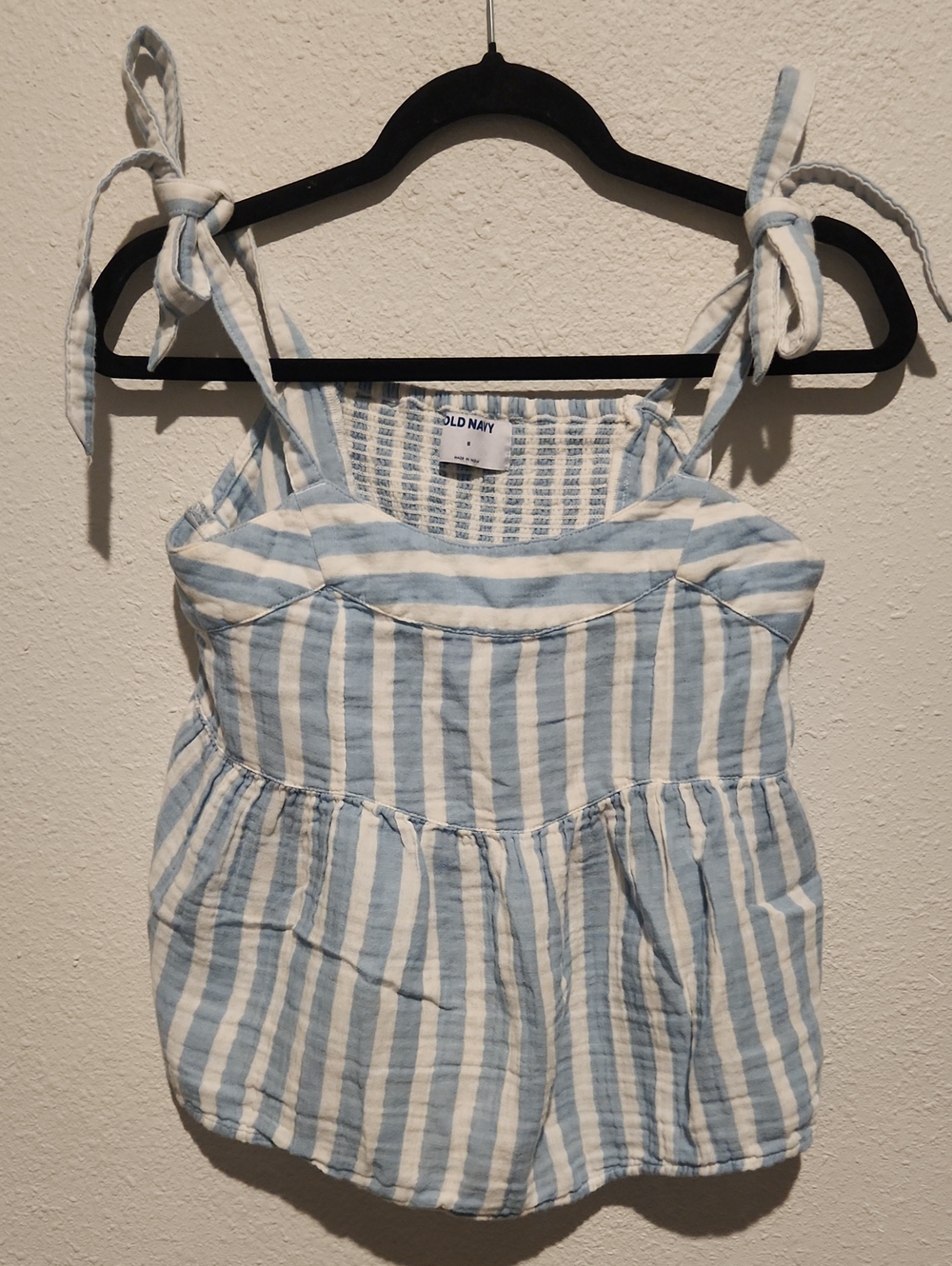 Old Navy Blue White Stripe Tie Strap Crop Top Smocked Gauze Cotton S
